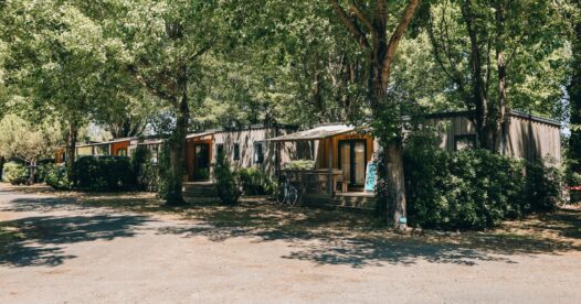 Plusieurs hébergements en bois avec terrasses, alignés le long d’une allée ombragée.